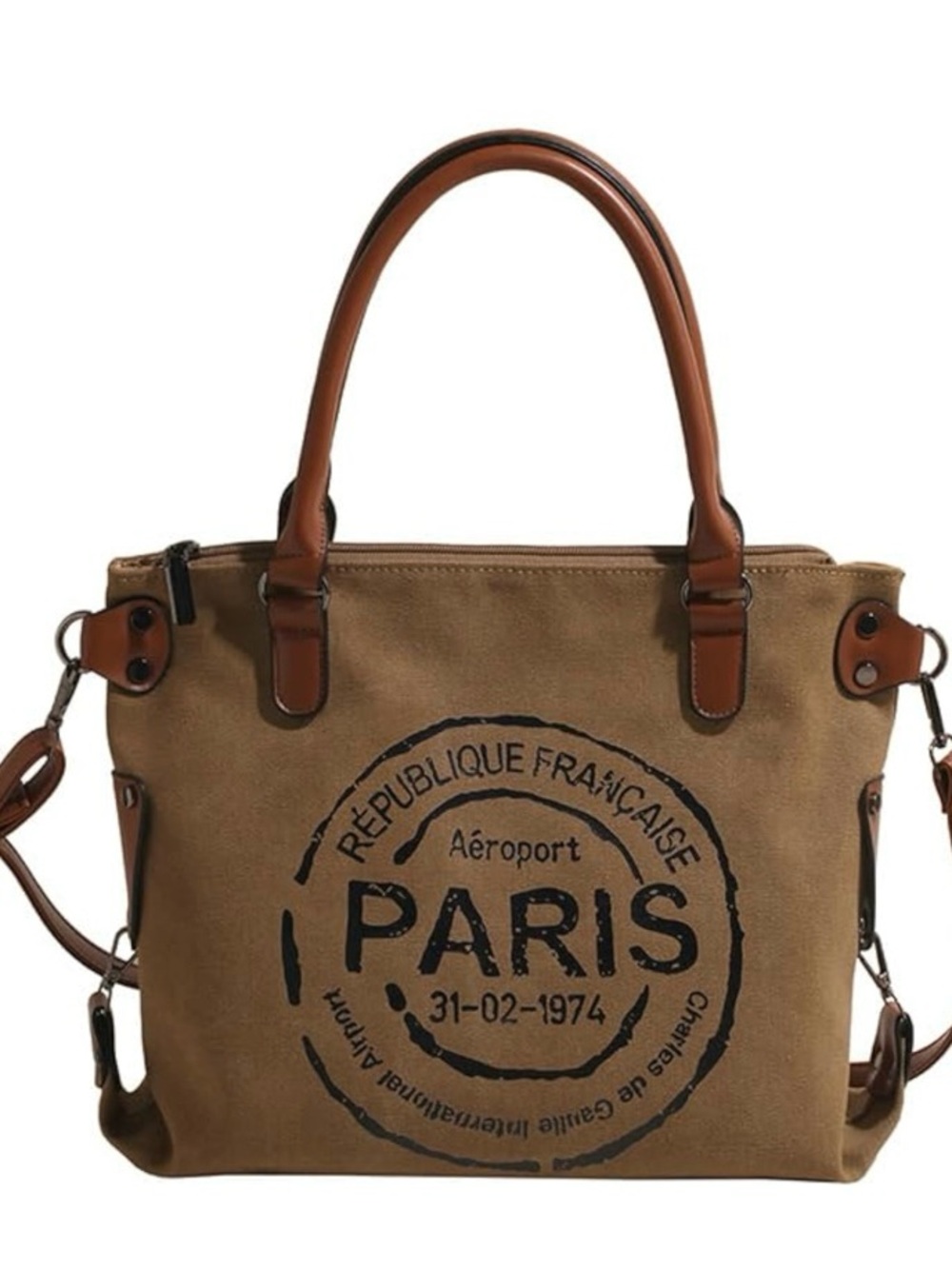 Source Unknown Brown Canvas Paris Stamp Tote Bag NWOT